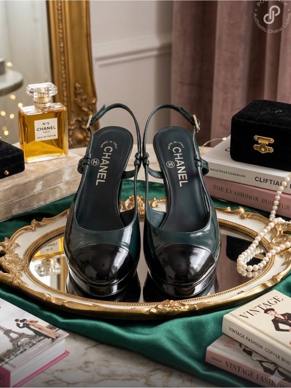 CHANEL Slingbacks Size 7 Patent Leather Green Black Shoes Heels Platform